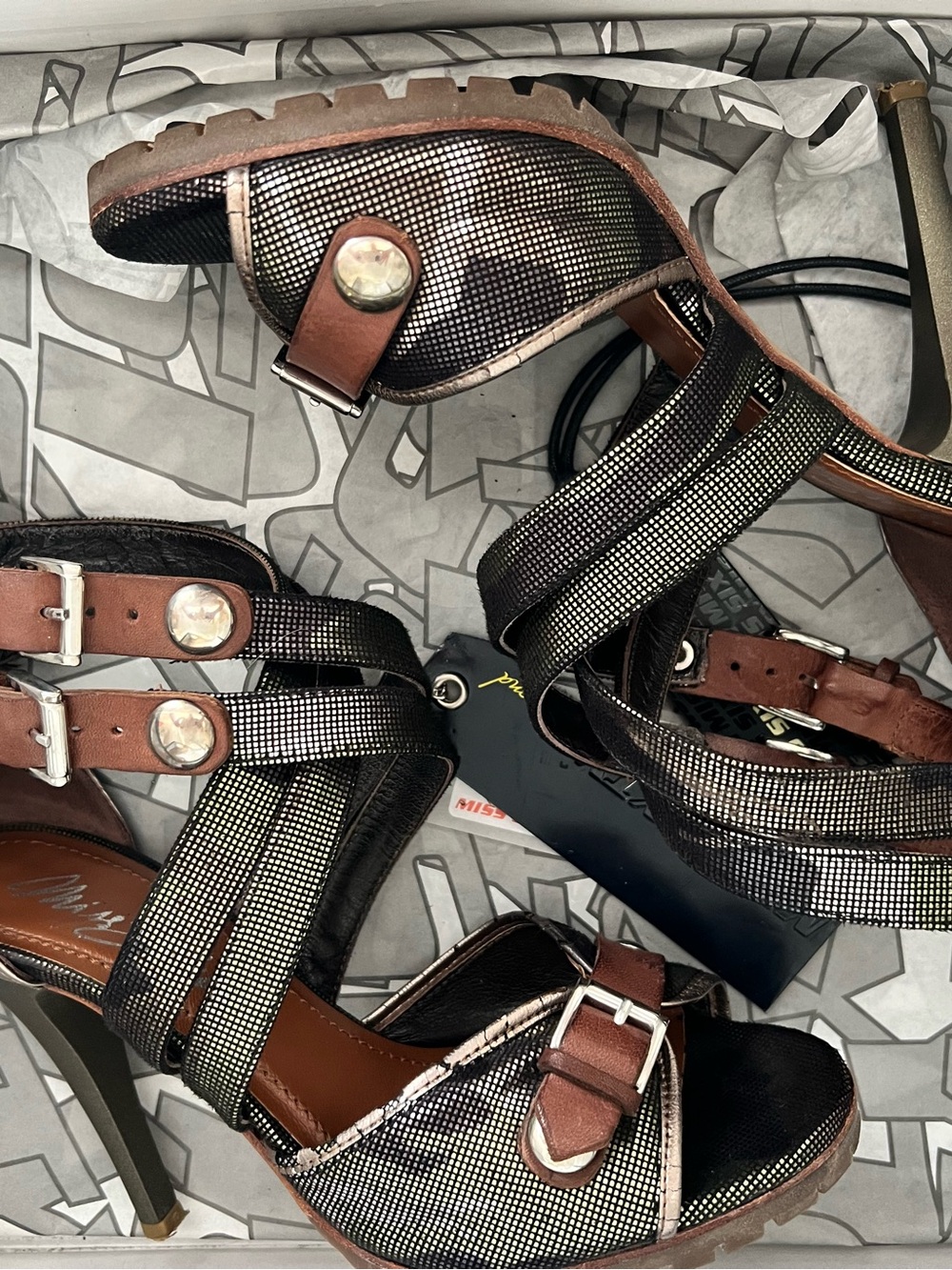 Miss Sixty Iridescent Black Strappy High Heel Sandals with Brown Accents - Picture 15 of 16